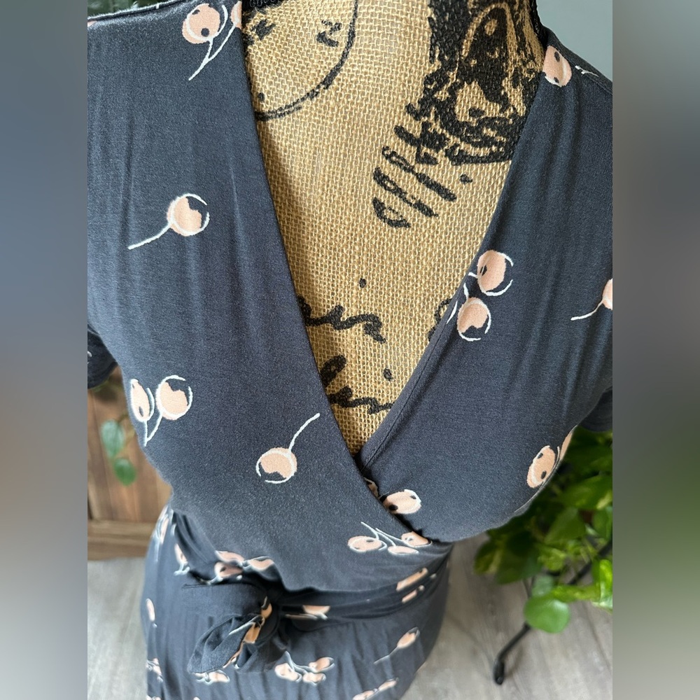 LOFT Cherry Print Short Sleeve V-Nevk Wrap Dress, Gray. - Picture 4 of 6